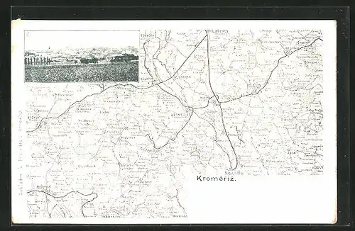 AK Kromeriz, Ortsansicht aus der Vogelschau, Landkarte mit umliegenden Ortschaften