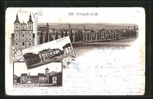 Lithographie Uherské Hradiste, Ortsansicht, Hauptplatz, Marienplatz und Pfarrkirche