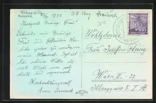 AK Kunovice, Strassenpartie, Blick zur Kirche