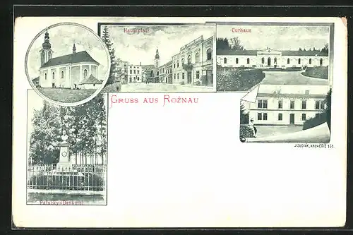 AK Roznau, Hauptplatz, Kurhaus, Kirche und Palacky-Denkmal