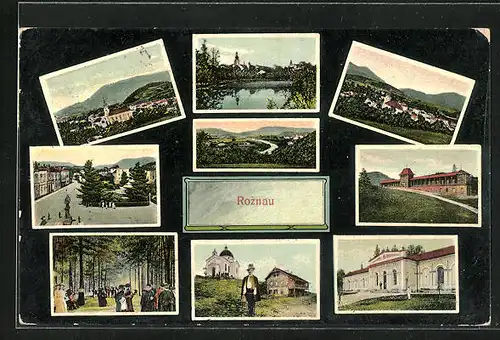 AK Roznau, Ortsansicht, Stadtplatz, Seepartie, Spaziergänger im Wald