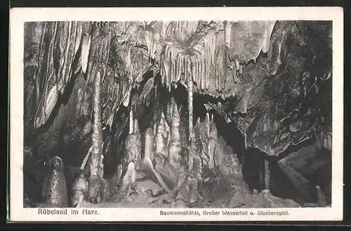 AK Rübeland / Harz, Baumannshöhle, grosser Wasserfall u. Glockenspiel