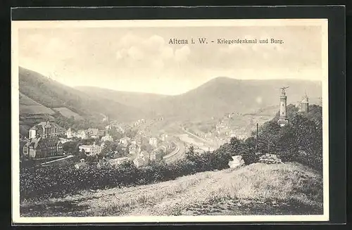 AK Altena i. W., Kriegerdenkmal und Burg