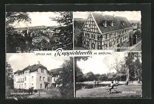 AK Ruppichteroth i. Bröltal, Gesamtansicht, Schullandheim d. Stadt Köln und Strandbad