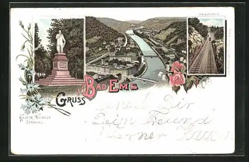 Lithographie Bad Ems, Panorama, Malbergbahn & Kaiser Wilhelm Denkmal