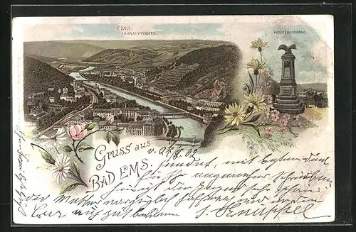 Lithographie Bad Ems, Panorama Lahnaufwärts & Kriegerdenkmal