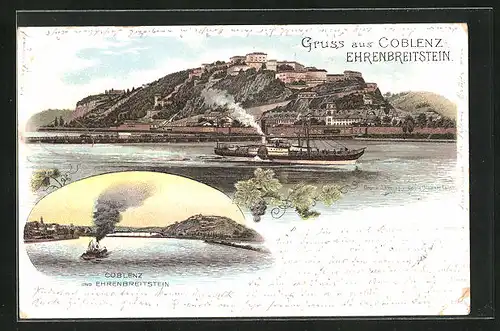 Lithographie Coblenz, Panorama mit Ehrenbreitstein