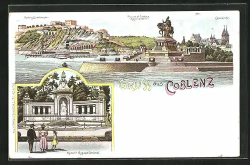 Lithographie Coblenz, Provinial-Denkmal Kaiser Wilhelm, Kaiserin Auguste-Denkmal & Castorkirche