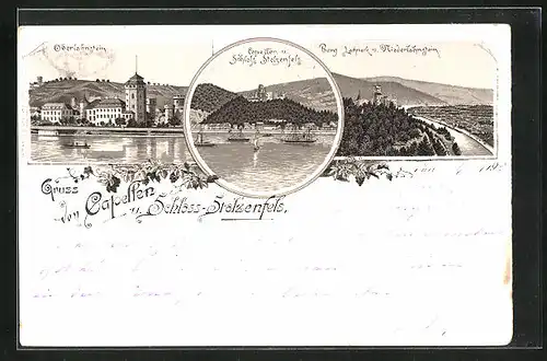 Lithographie Capellen, Panorama m. Schloss Stolzenfels, Ober- und Niederlahnstein