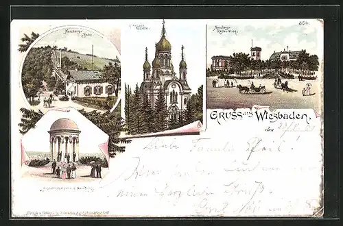 Lithographie Wiesbaden, Nerobergbahn, Griechische Kapelle & Neroberg Restauration