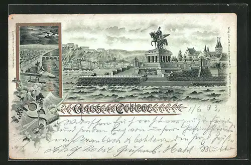 Lithographie Coblenz, Panorama mit Denkmal