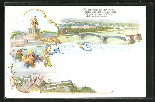 Lithographie Coblenz, Panorama mit Mosel, Kaiser Wilhelm Denkmal und Ehrenbreitstein