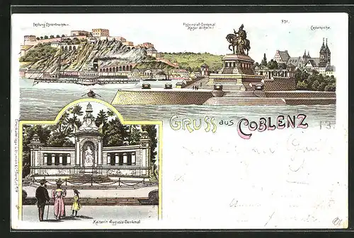 Lithographie Coblenz, Provinzial-Denkmal Kaiser Wilhlem I., Castorkirche und Kaiserin Auguste-Denkmal