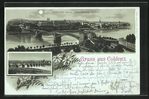 Mondschein-Lithographie Coblenz, Panorama mit Eisenbahnbrücke