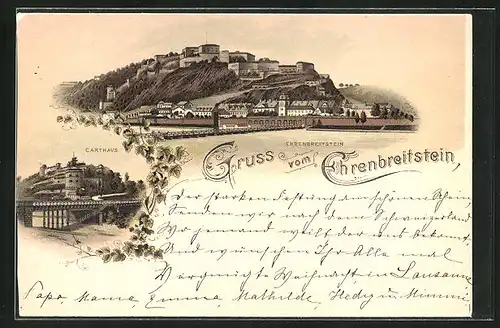 Lithographie Ehrenbreitstein, Panorama und Carthaus