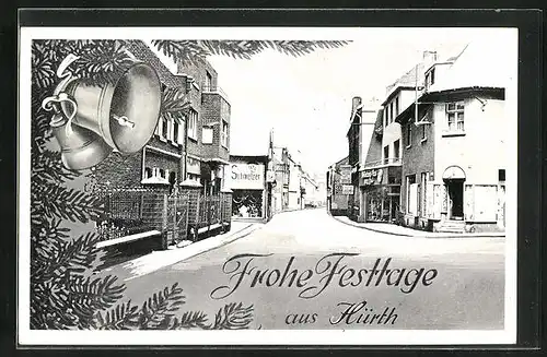 Passepartout-AK Hürth, Frohe Festtage, Strassenpartie im Winter