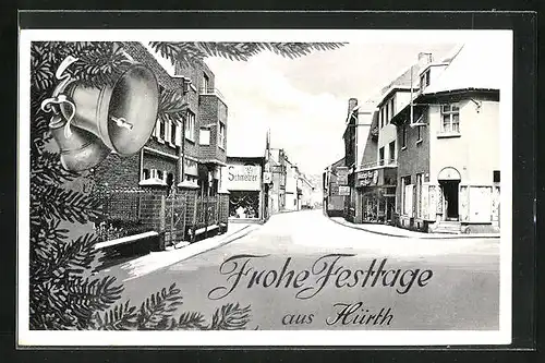 Passepartout-AK Hürth, Frohe Festtage, Strassenpartie im Winter