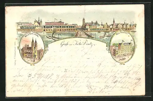 Lithographie Köln-Deutz, Panorama, Postamt und Kirche