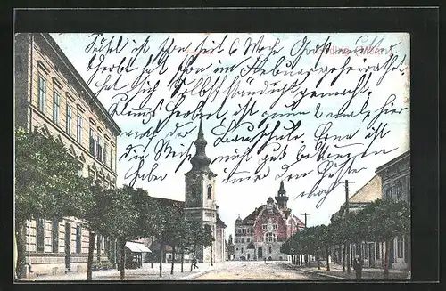 AK Göding / Hodonin, Strassenansicht mit Kirche