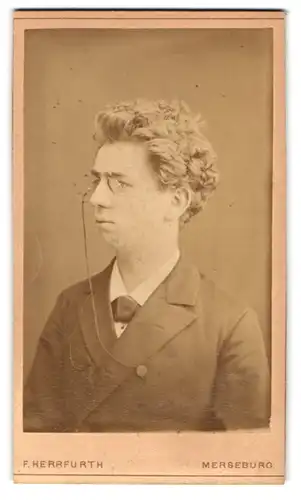 Fotografie F. Herrfurth, Merseburg, Brühl 4, Portrait junger Herr im eleganten Anzug mit Zwicker