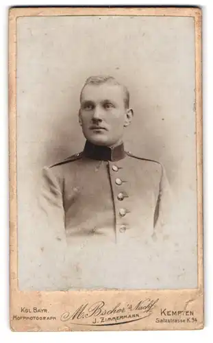 Fotografie M. Bscher`s Nachf. J. Zimmermann, Kempten, Portrait Bayrischer Soldat in Uniform