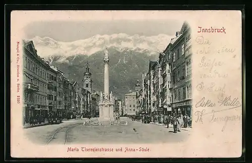 Relief-AK Innsbruck, Maria Theresienstrasse mit Anna-Säule
