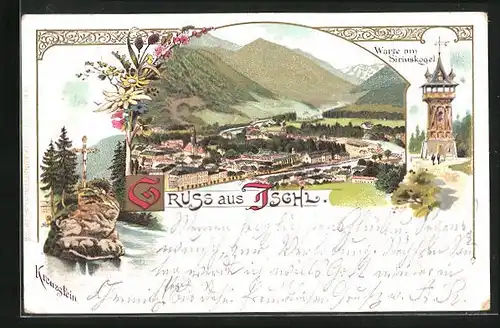Lithographie Ischl, Warte am Siriuskogel, Kreuzstein