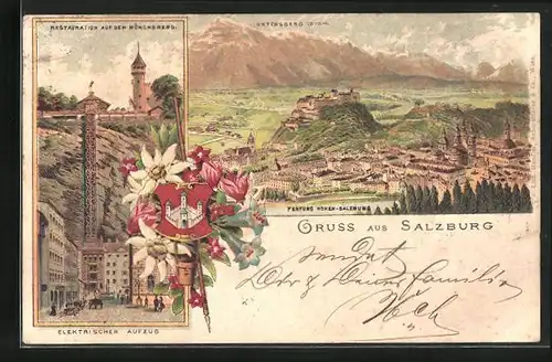 Lithographie Salzburg, Restaurant Mönchsberg, Elektrischer Aufzug, Totalansicht
