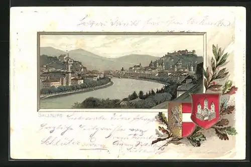 Präge-Lithographie Salzburg, Salzachpartie, Stadtwappen
