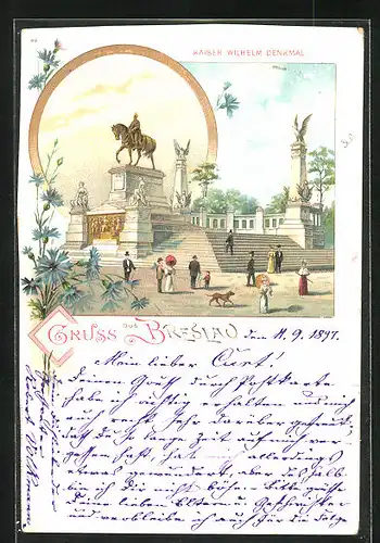 Lithographie Breslau, Passanten am Kaiser Wilhelm-Denkmal