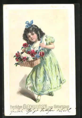 Präge-AK Mädchen mit Blumenkorb, Geburtstag
