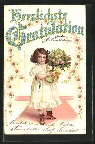 Präge-AK Mädchen trägt Geburtstagsblumen