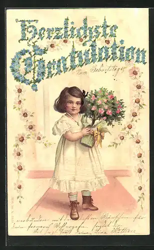 Präge-AK Kleines Mädchen mit Geburtstagsblumen