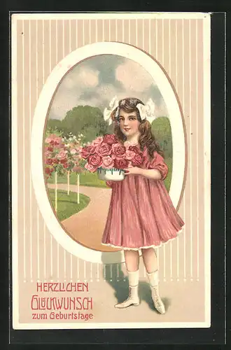 Präge-AK Mädchen mit Blumenbouquet, Geburtstag