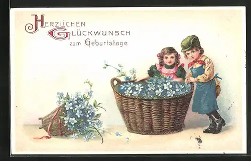 Präge-AK Knabe und Mädchen nebst Blumenkorb, Geburtstag