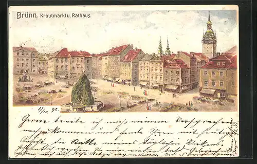 Lithographie Brünn / Brno, Krautmarkt u. Rathaus