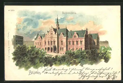 Lithographie Brünn / Brno, Deutsches Haus im Sommer