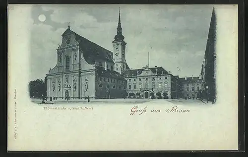 Mondschein-AK Brünn / Brno, Thomaskirche und Stadthalterei