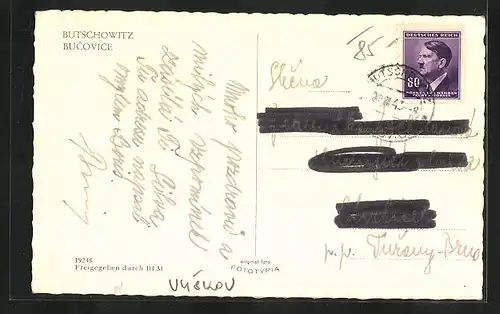 AK Bucovice, Teilansicht des Ortes mit Gymnasium