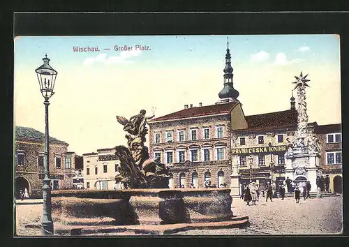 AK Wischau / Vyskov, Grosser Platz mit Denkmal und Brunnen