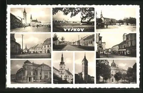 AK Wischau / Vyskov, Kirche, Strassenpartie mit Geschäften, Ortspartie