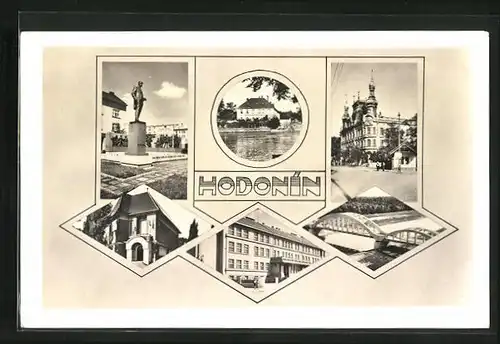 AK Göding / Hodonin, Gebäudeansicht, Brücke, Denkmal