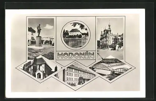 AK Göding / Hodonin, Gebäudeansicht, Brücke, Denmal