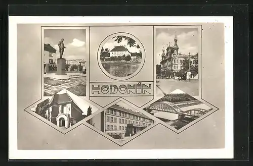 AK Göding / Hodonin, Pomnik, Brücke, Gebäudeansichten