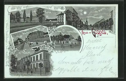 Mondschein-Lithographie Göding / Hodonin, K. k. Haupttabak Fabrik, Deutsche Realschule, Cavallerie-Kaserne