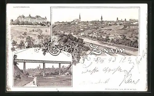 Lithographie Znaim, Teilansicht, Klosterbruck, Thaya Viaduct