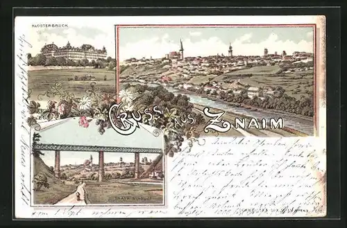 Lithographie Znaim, Teilansicht, Klosterbruck, Thaya Viaduct