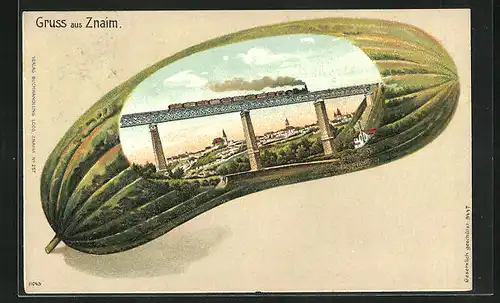 Künstler-AK Znaim, Eisenbahnbrücke in einer Gurke, Passepartout