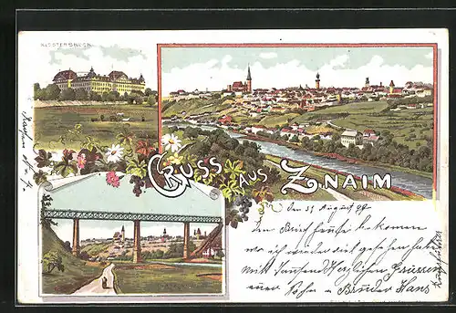 Lithographie Znaim, Teilansicht, Klosterbruck, Thaya Viaduct