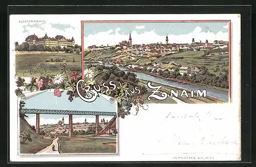 Lithographie Znaim, Teilansicht, Klosterbruck, Thaya Viaduct